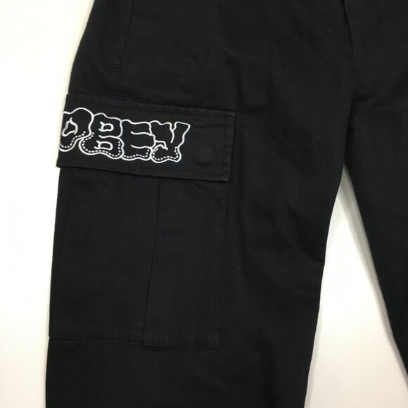 OBEY Black White Logo Embroidery Flap Cargo Pockets Pant Jeans - Picture 5 of 14